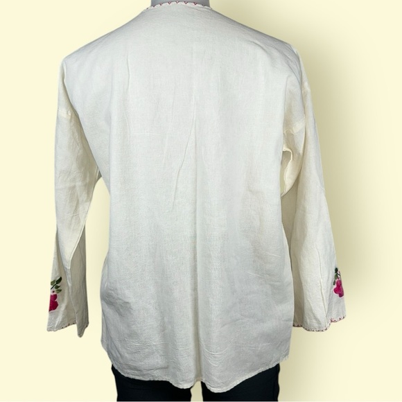 Vintage Oaxaca Embroidered Handmade Floral Cotton Blouse from Mexico off white - Picture 4 of 11